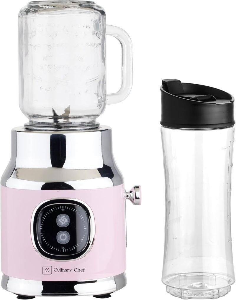 Retro Smoothie Maker Blender with Mason Jar, Perfect for Shakes and Smoothies, 300-Watt, PINK